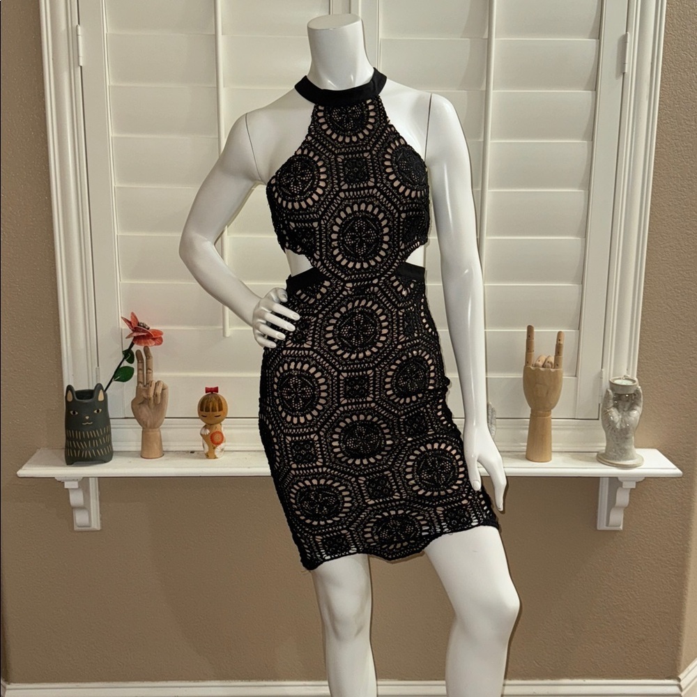 L'ATISTE Cut Out Crochet Knit Halter Mini Dress Black Nude